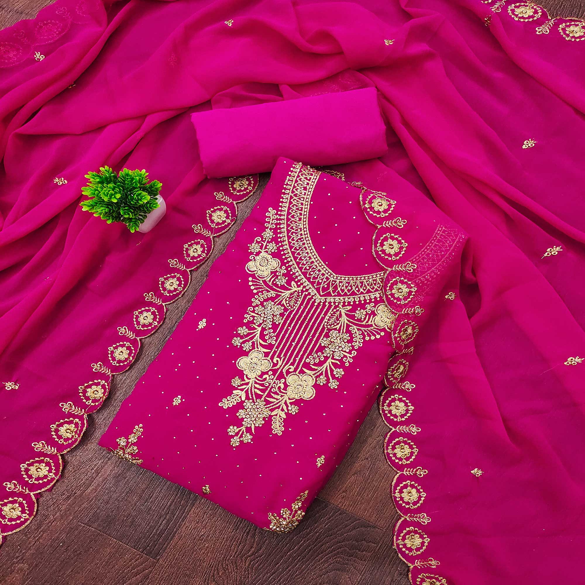 Rani Pink Georgette Dress Material Accented With Delicate Floral Embroidery