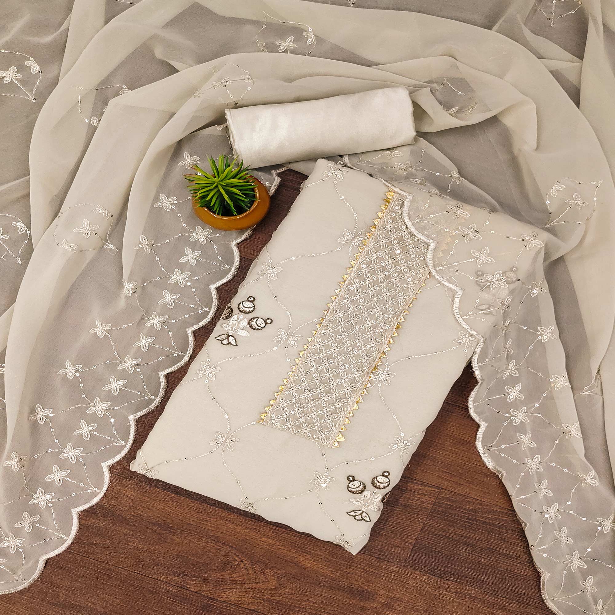 Beige Floral Sequins Embroidered Georgette Dress Material