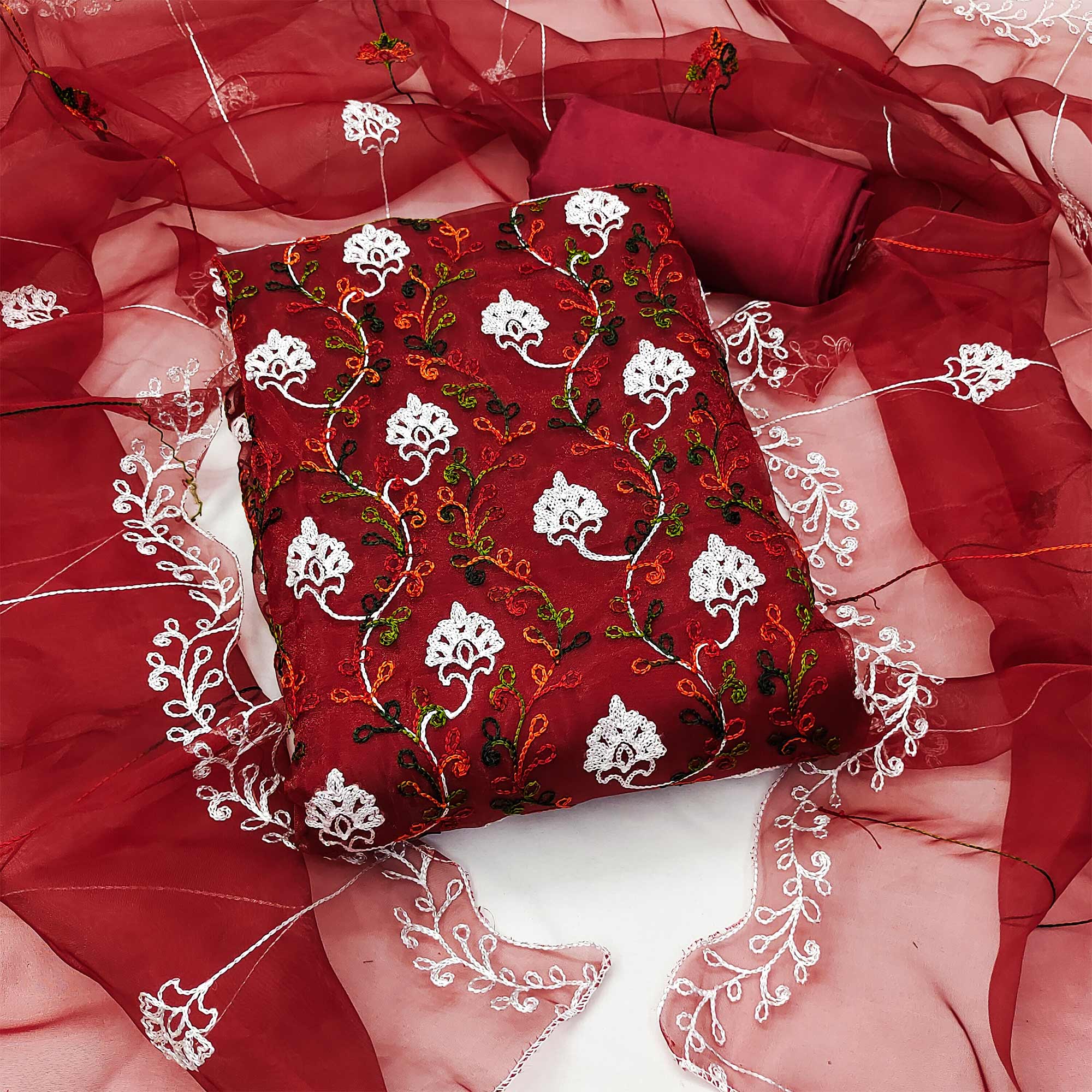 Elegant Maroon Organza Dress Material Ensemble With Exquisite Floral Embroidery