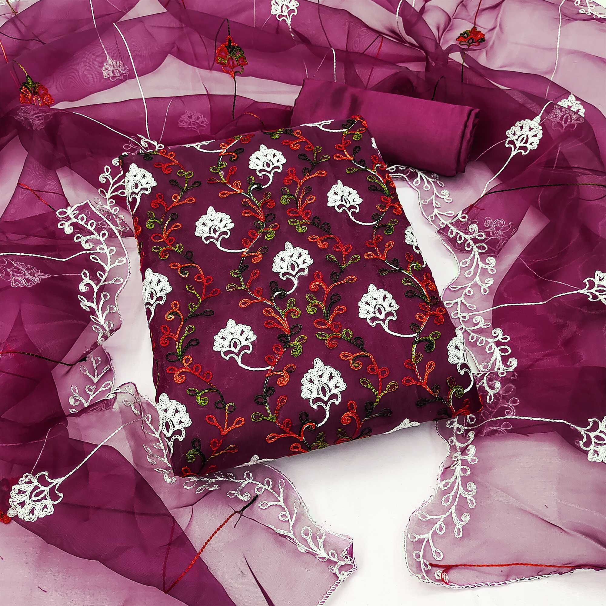 Elegant Wine Organza Dress Material Ensemble With Exquisite Floral Embroidery