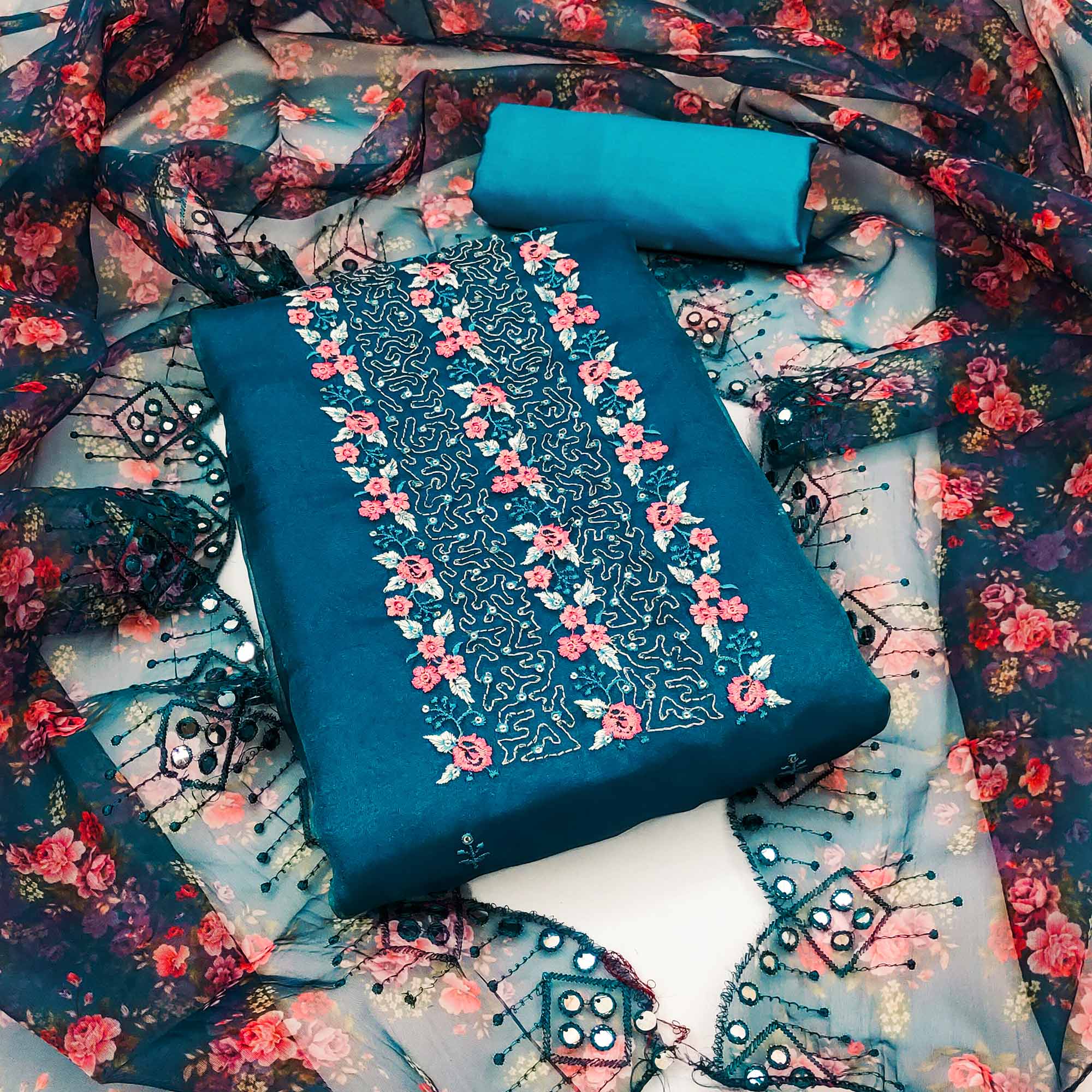 Morpich Blue Organza Dress Material With Glimmering Floral Sequins Embroidery