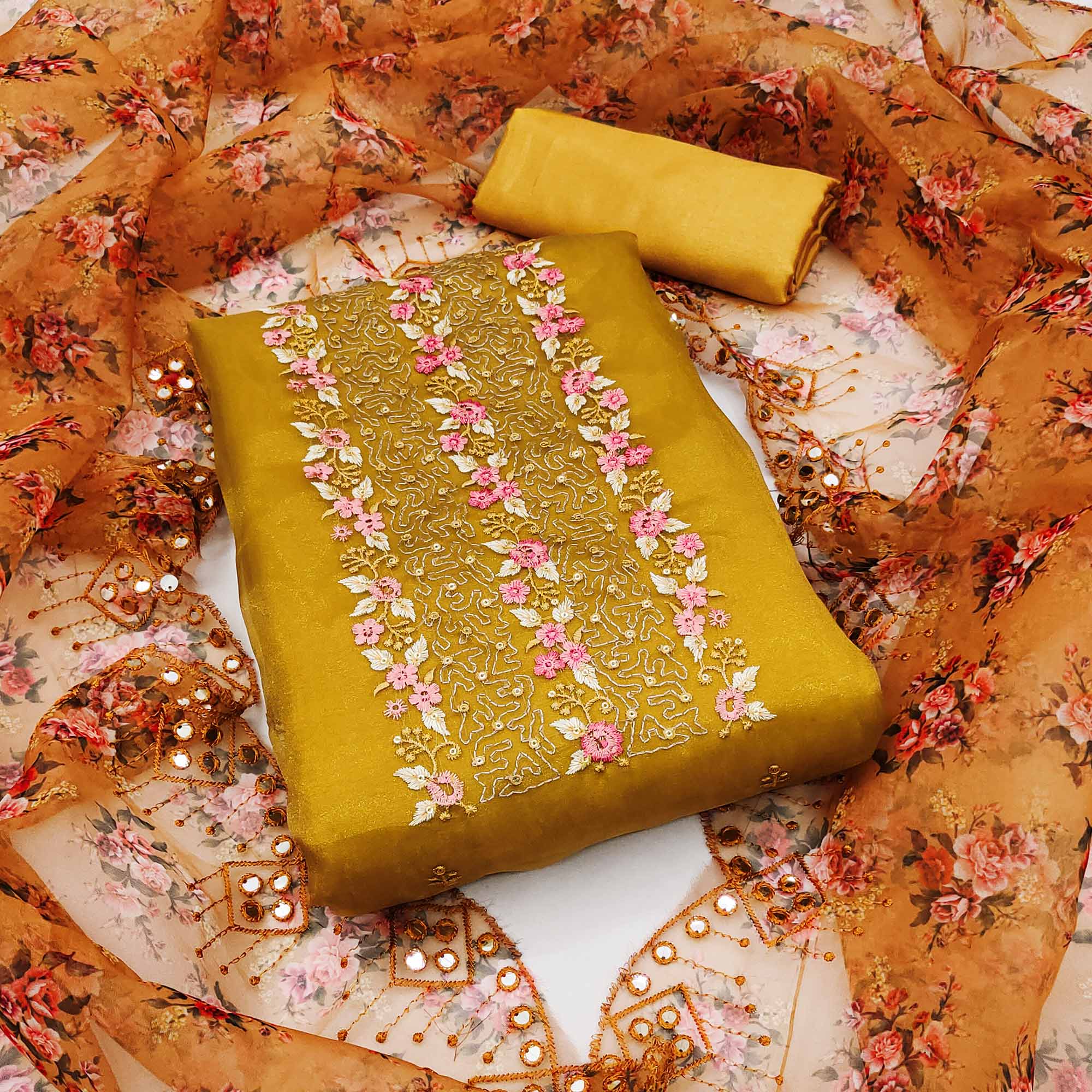 Mustard Organza Dress Material With Glimmering Floral Sequins Embroidery
