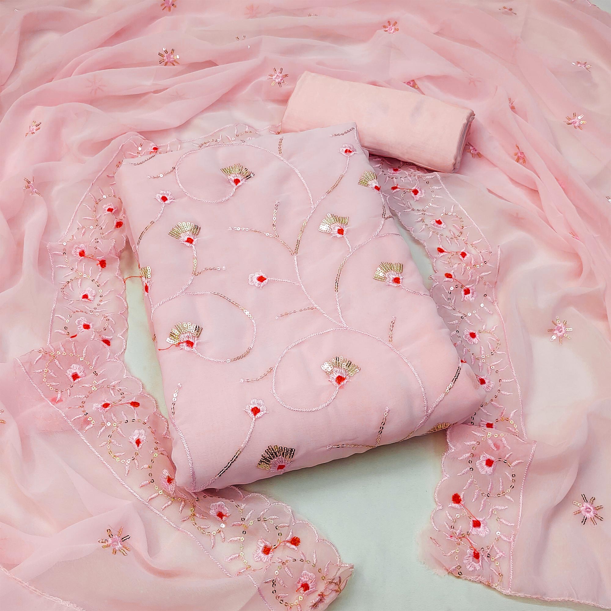 Pink Floral Sequins Embroidered Georgette Dress Material