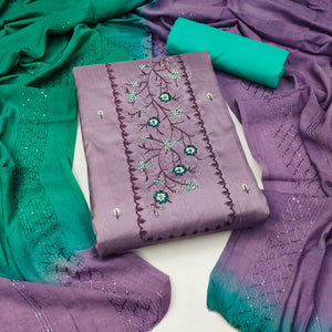 Lavender Grace Cotton Blend Dress Material With Floral Thread Embroidery & Sequins