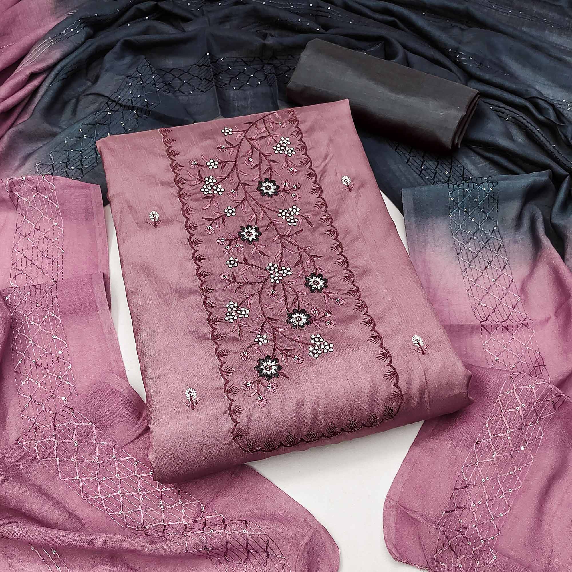 Graceful Light Mauve Embroidered Cotton Blend Dress Material With Subtle Sequin Shine