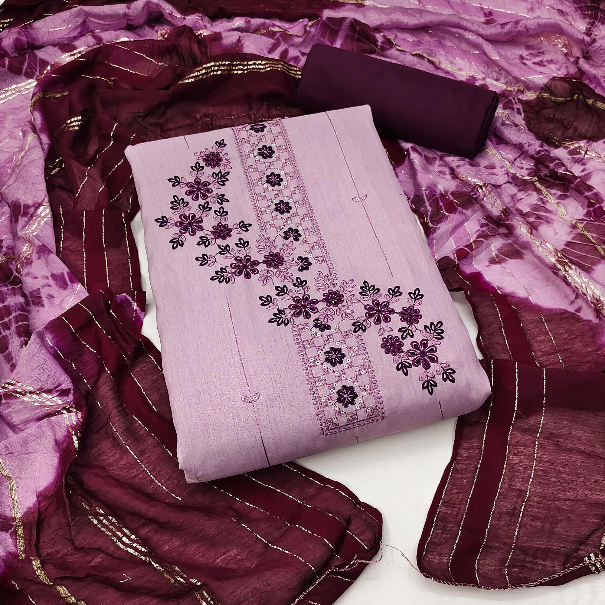 Light Purple Cotton Blend Dress Material With Delicate Floral Thread & Sequin Embellishments