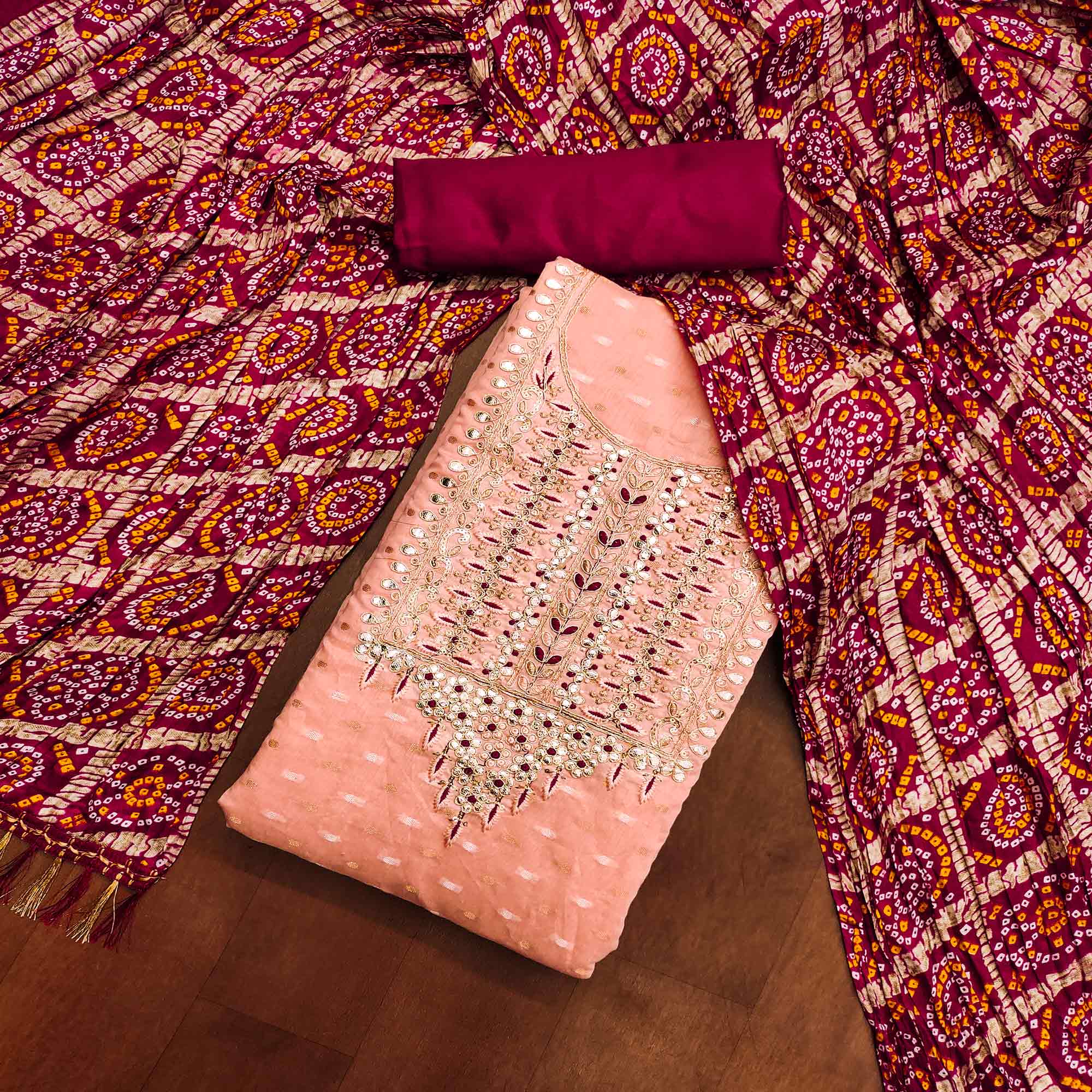 Peach Woven With Gota Work Jacquard Dress Material
