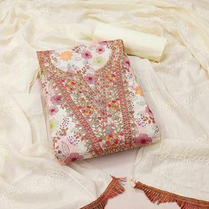 Cream Dress Material With Floral Digital Print & Subtle Sequins Embroidery Work