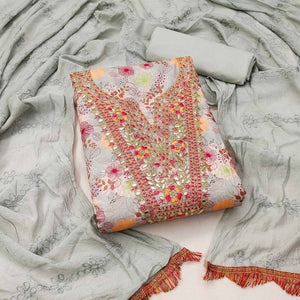 Grey Dress Material With Floral Digital Print & Subtle Sequins Embroidery Work