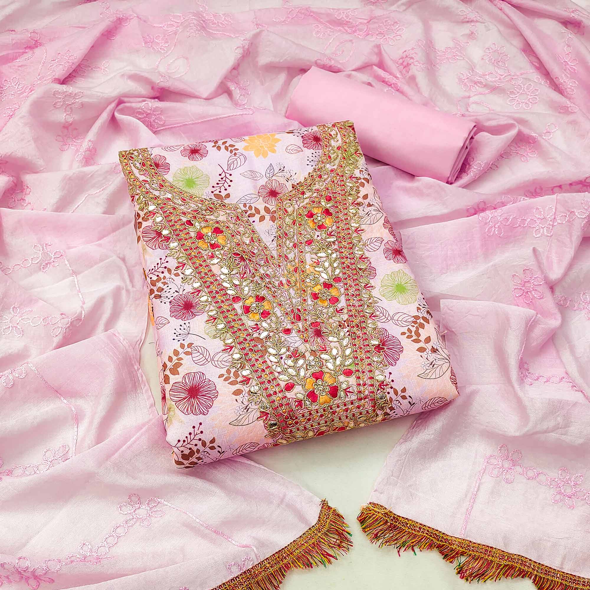 Pink Dress Material With Floral Digital Print & Subtle Sequins Embroidery Work