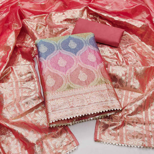 Dark Peach Organza Banarasi Silk Dress Material With Zari & Sparkling Stone Embellishments