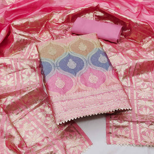 Pink Organza Banarasi Silk Dress Material With Zari & Sparkling Stone Embellishments