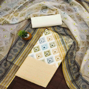 White & Cream Dress Material In Cotton Blend With Delicate Digital Print & Sifli Embroidery Work