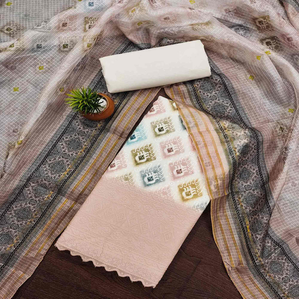 White & Peach Dress Material Set With Dupatta