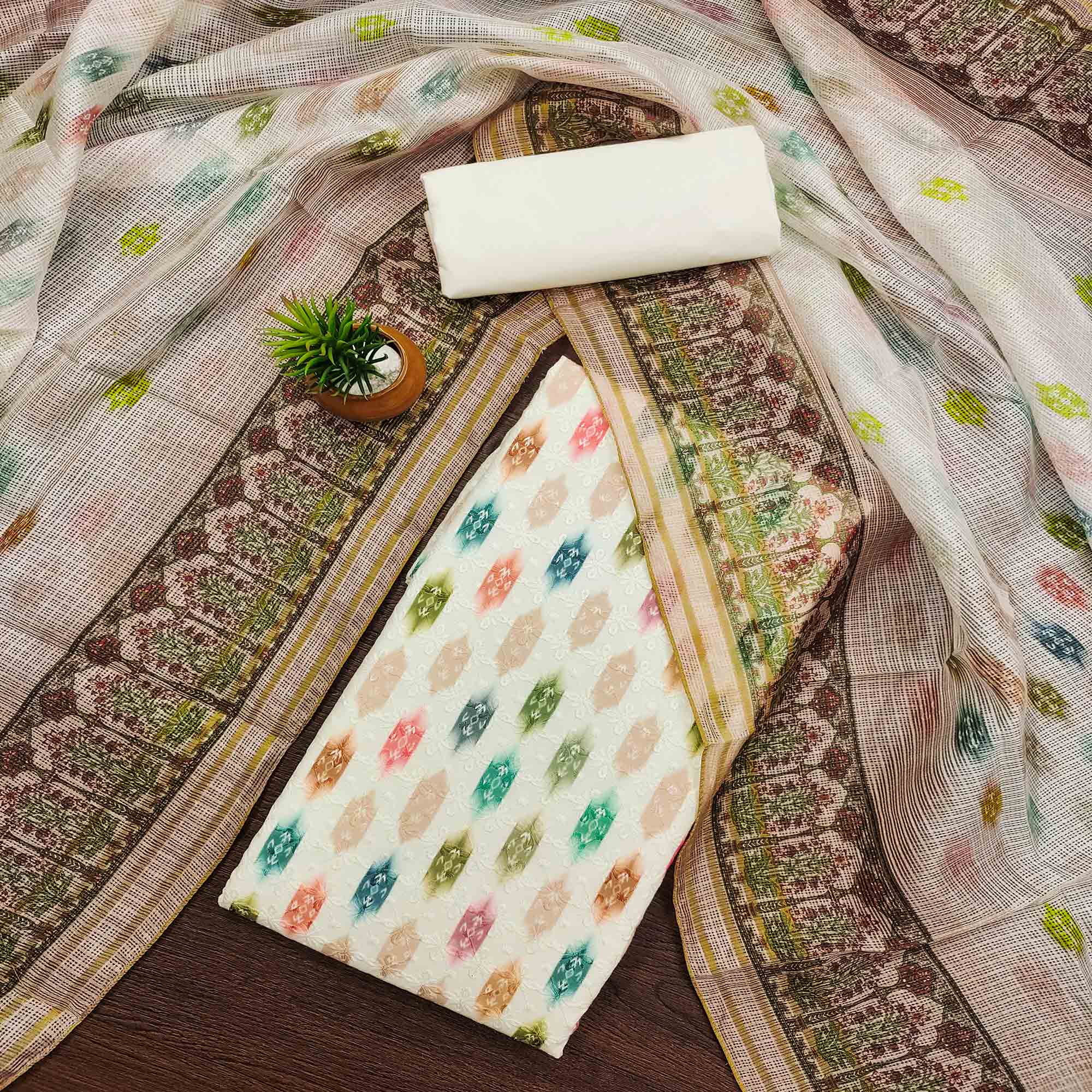 White & Beige Schiffli Embroidered Cotton Blend Dress Material With Digital Print