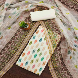 White & Beige Schiffli Embroidered Cotton Blend Dress Material With Digital Print