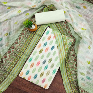 White & Green Schiffli Embroidered Cotton Blend Dress Material With Digital Print