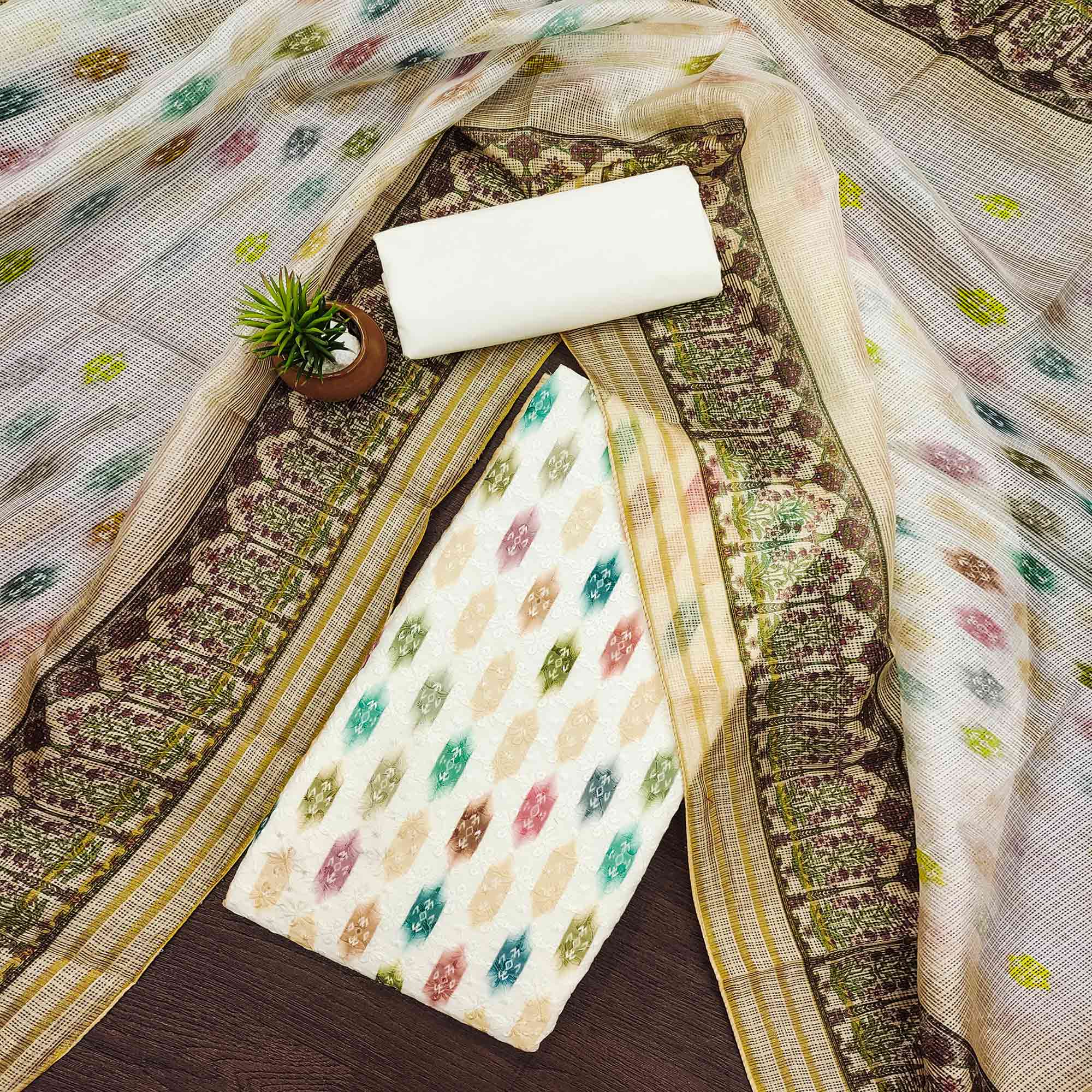 White & Pale Yellow Schiffli Embroidered Cotton Blend Dress Material With Digital Print