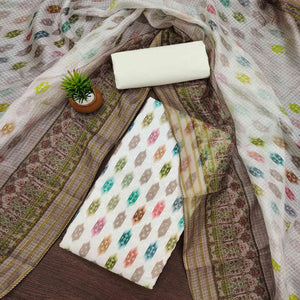 White & Taupe Schiffli Embroidered Cotton Blend Dress Material With Digital Print