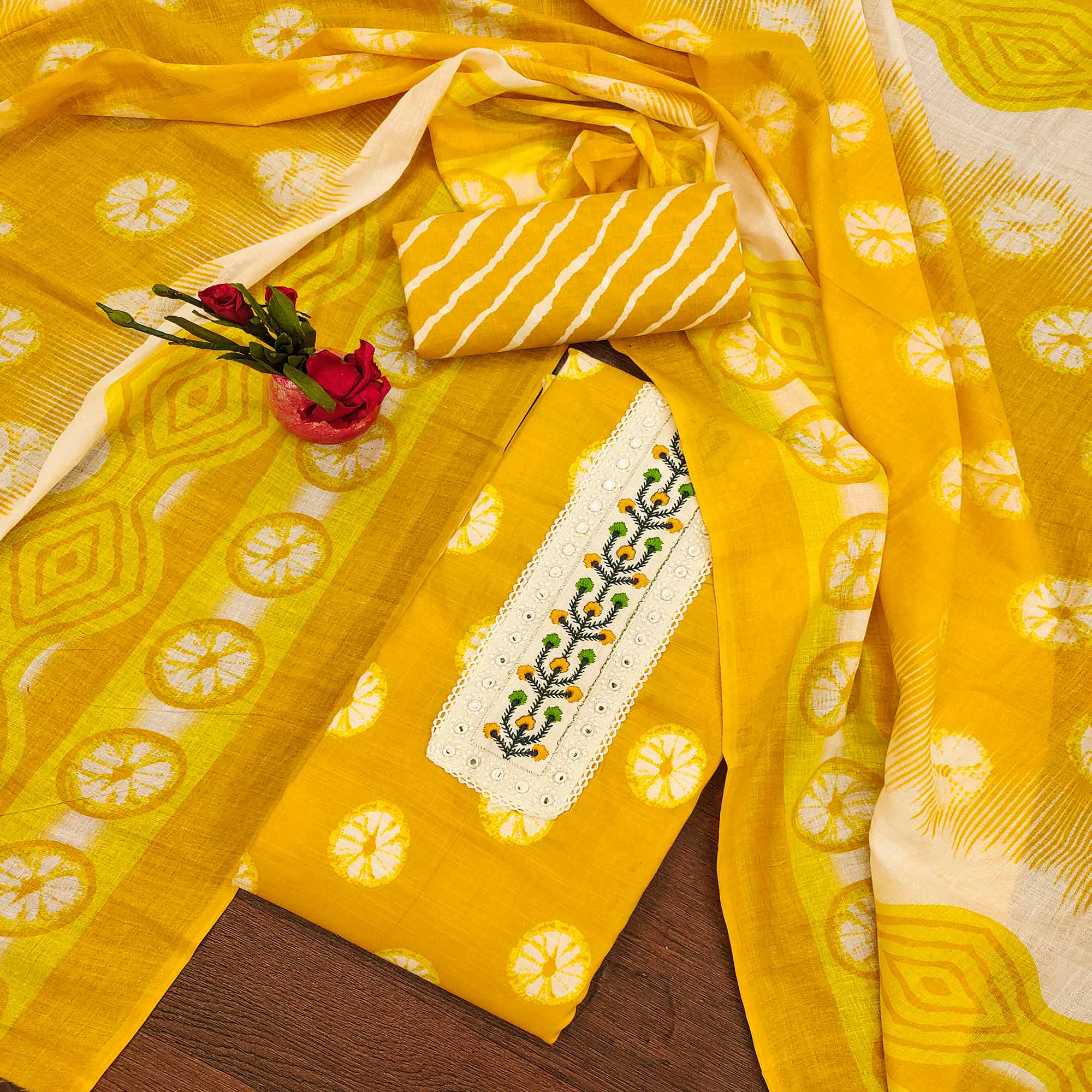 Yellow Printed With Embroidered Cotton Blend Dress Material