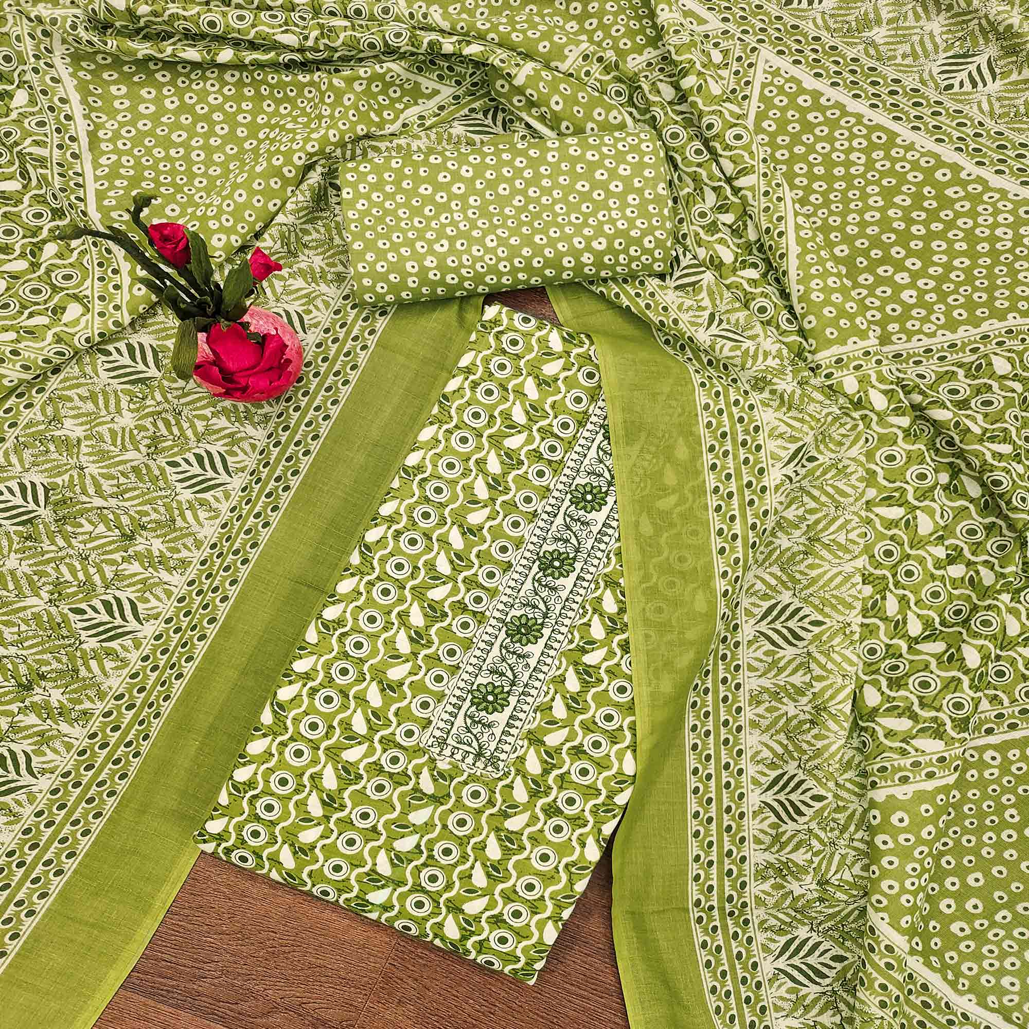 Green Printed With Embroidered Cotton Blend Dress Material