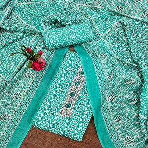 Turquoise Printed With Embroidered Cotton Blend Dress Material