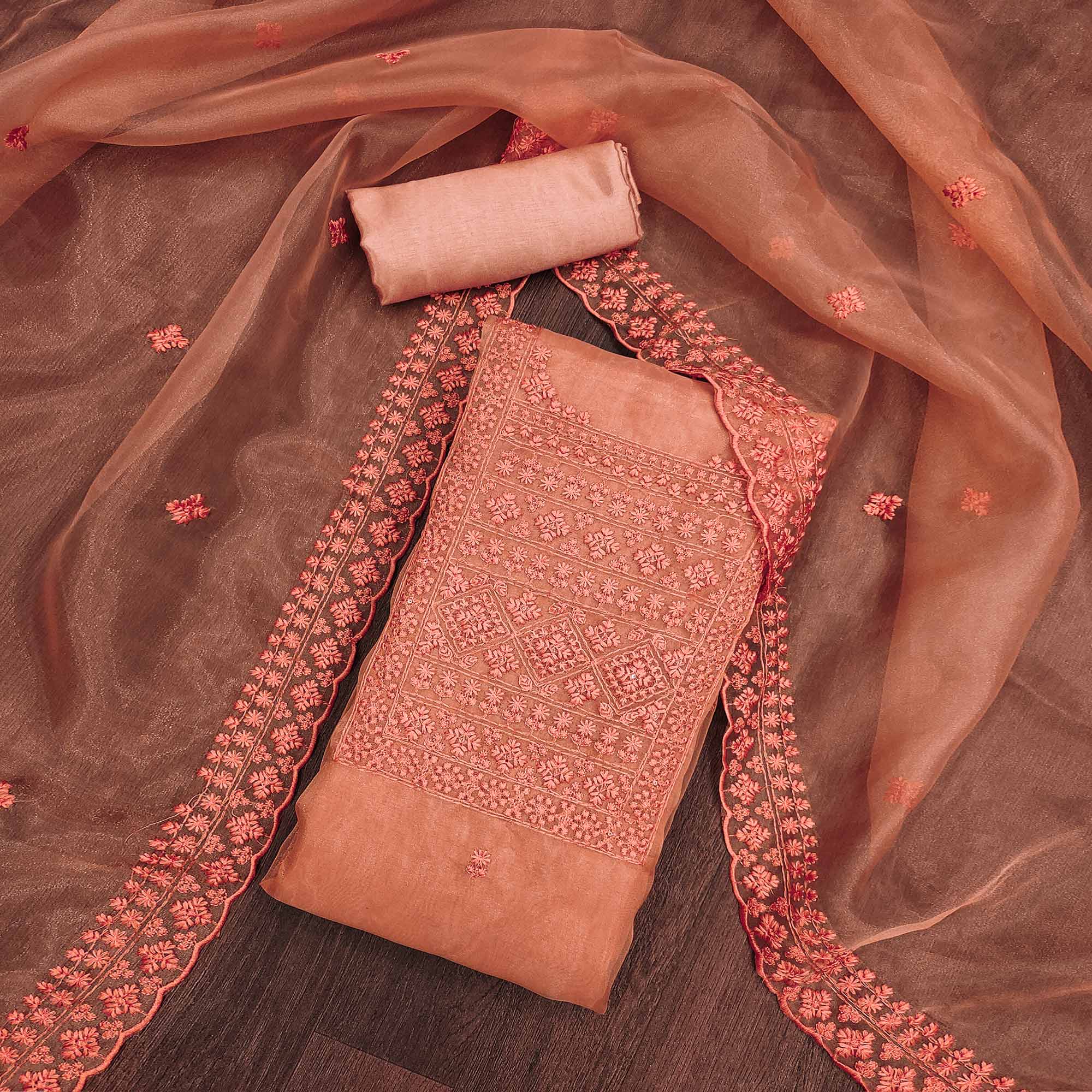 Orange Organza Dress Material With Sequins & Floral Thread Embroidery