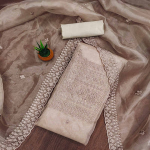 Taupe Organza Dress Material With Sequins & Floral Thread Embroidery