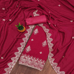 Pink Vichitra Silk Dress Material With Intricate Floral Zari Embroidery