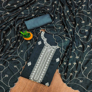 Dark Grey Vichitra Silk Dress Material with Graceful Floral Zari Embroidery