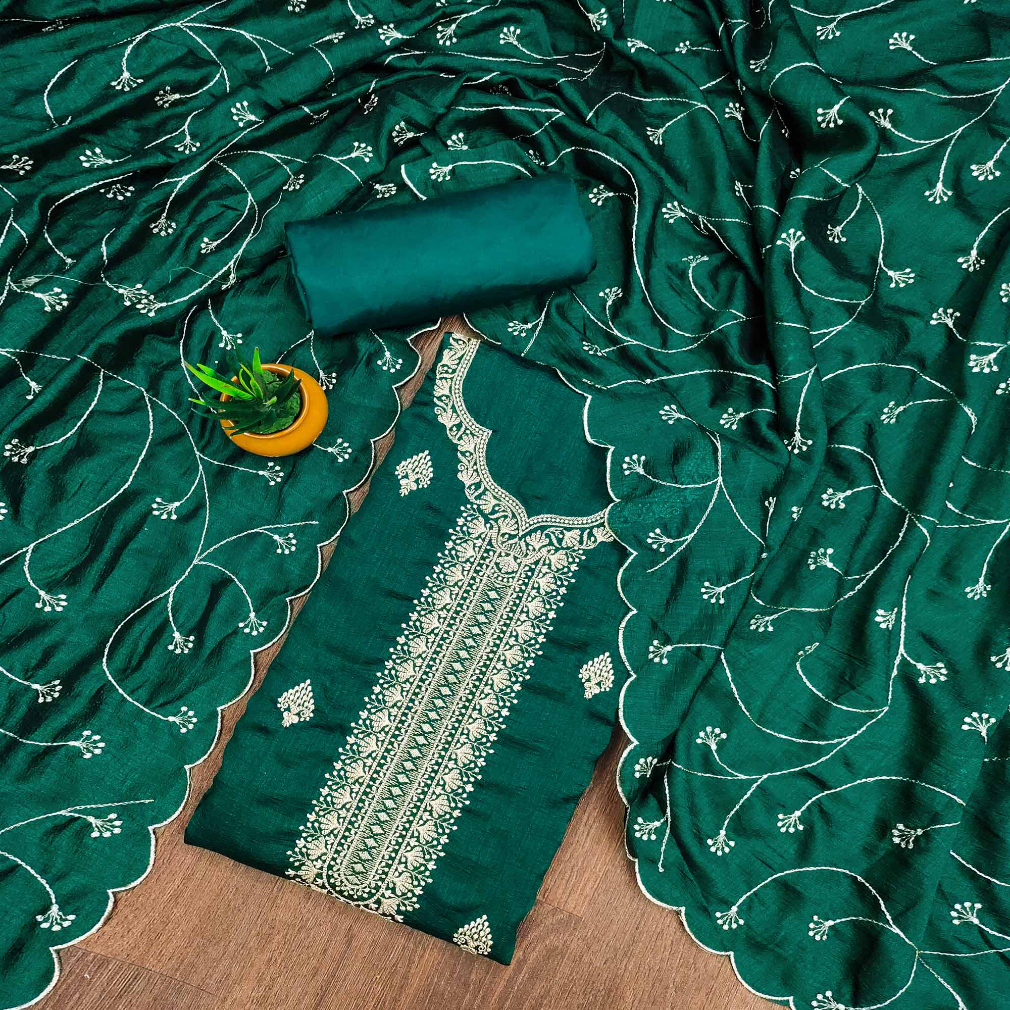 Green Vichitra Silk Dress Material with Graceful Floral Zari Embroidery