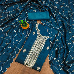 Morpich Blue Vichitra Silk Dress Material with Graceful Floral Zari Embroidery