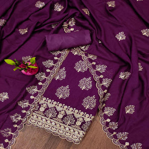 Purple Sequins Embroidered Vichitra Silk Dress Material