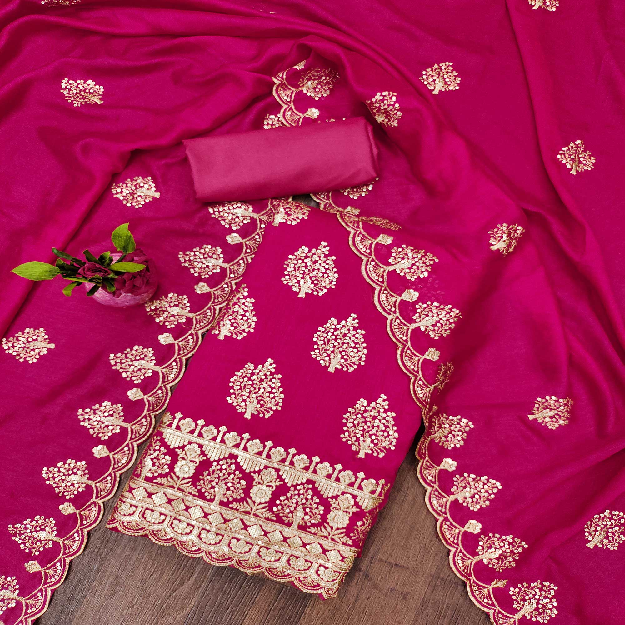 Rani Pink Sequins Embroidered Vichitra Silk Dress Material
