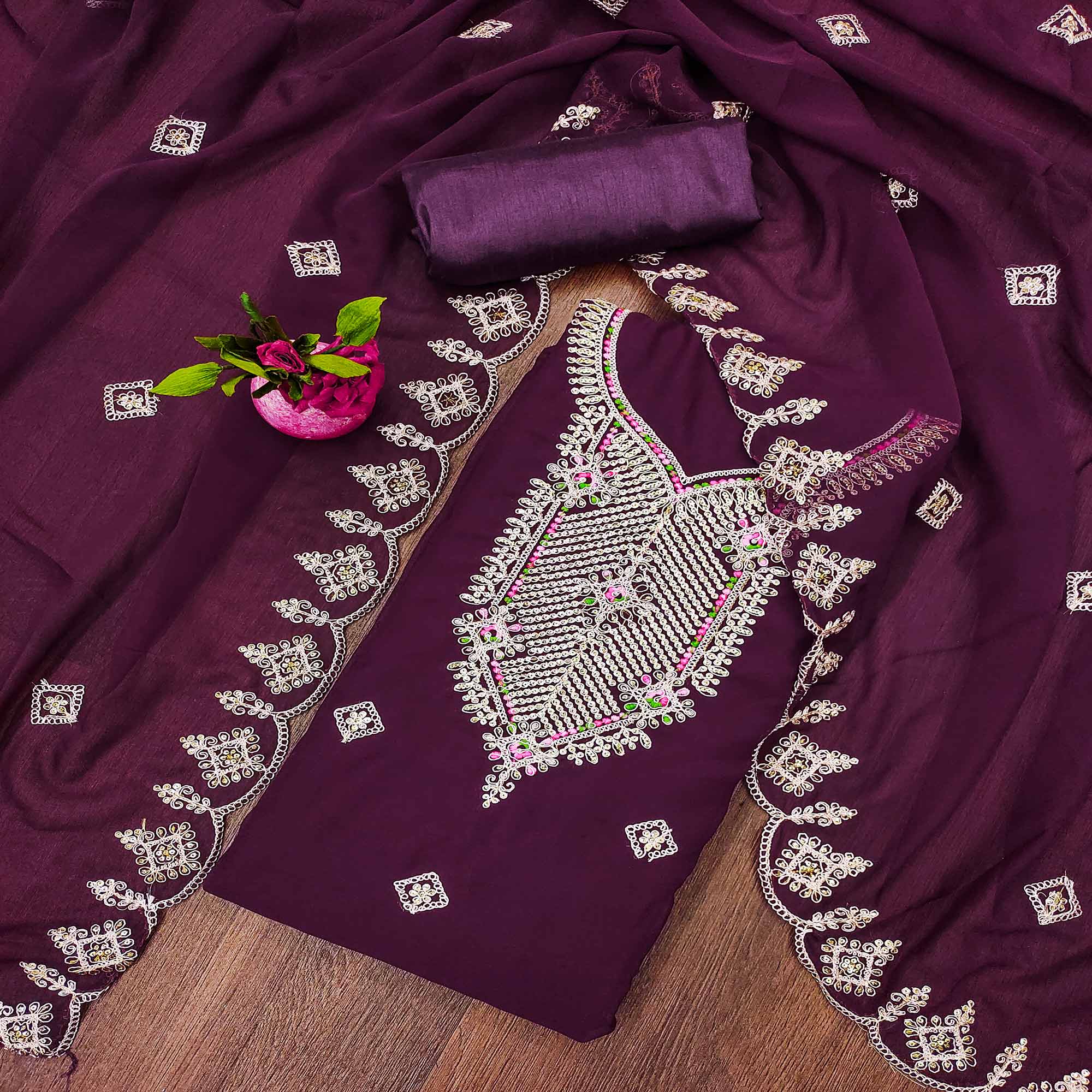 Purple Sequins Embroidered Georgette Dress Material