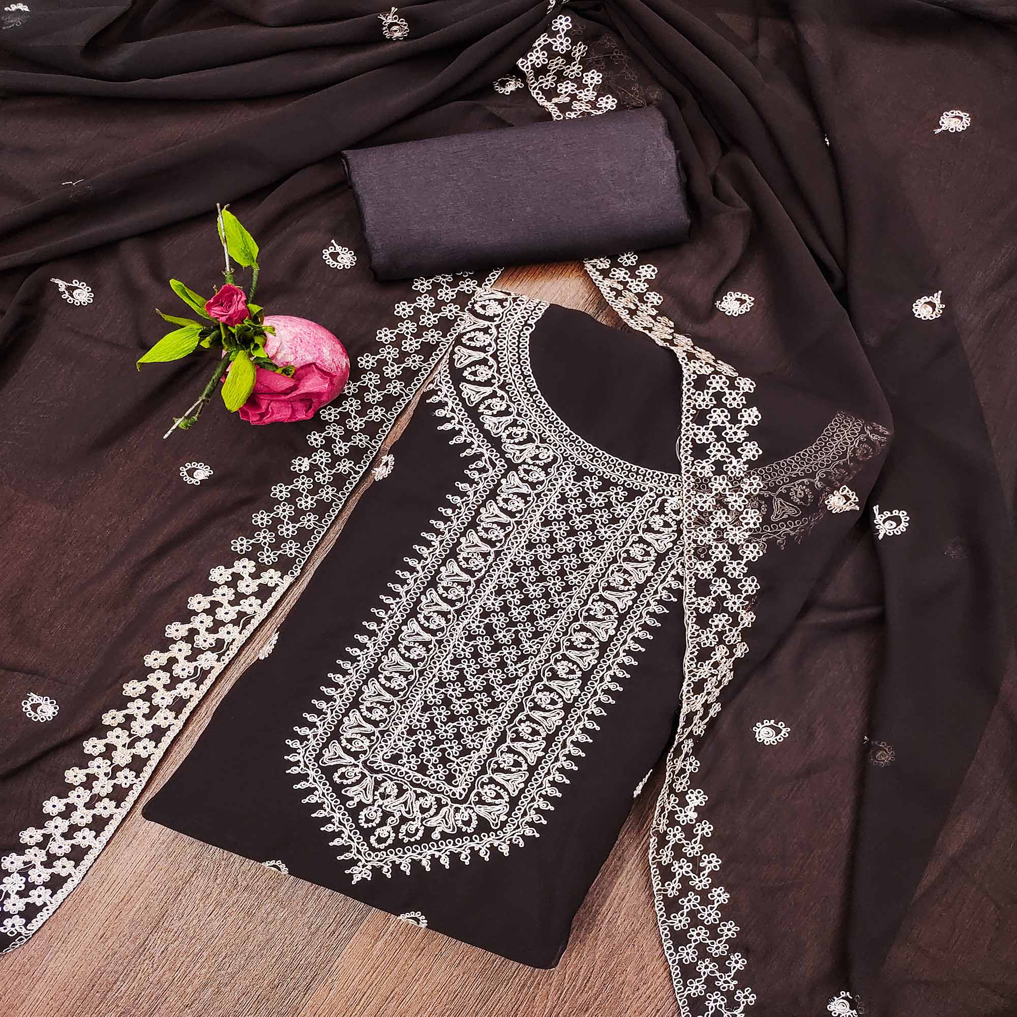 Brown Embroidered Georgette Dress Material