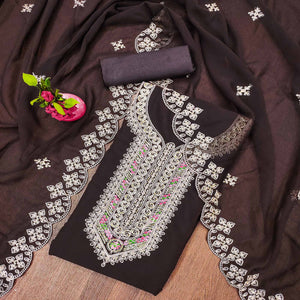 Brown Floral Embroidered Georgette Dress Material