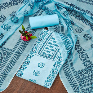 Blue Floral Printed Cotton Blend Dress Material