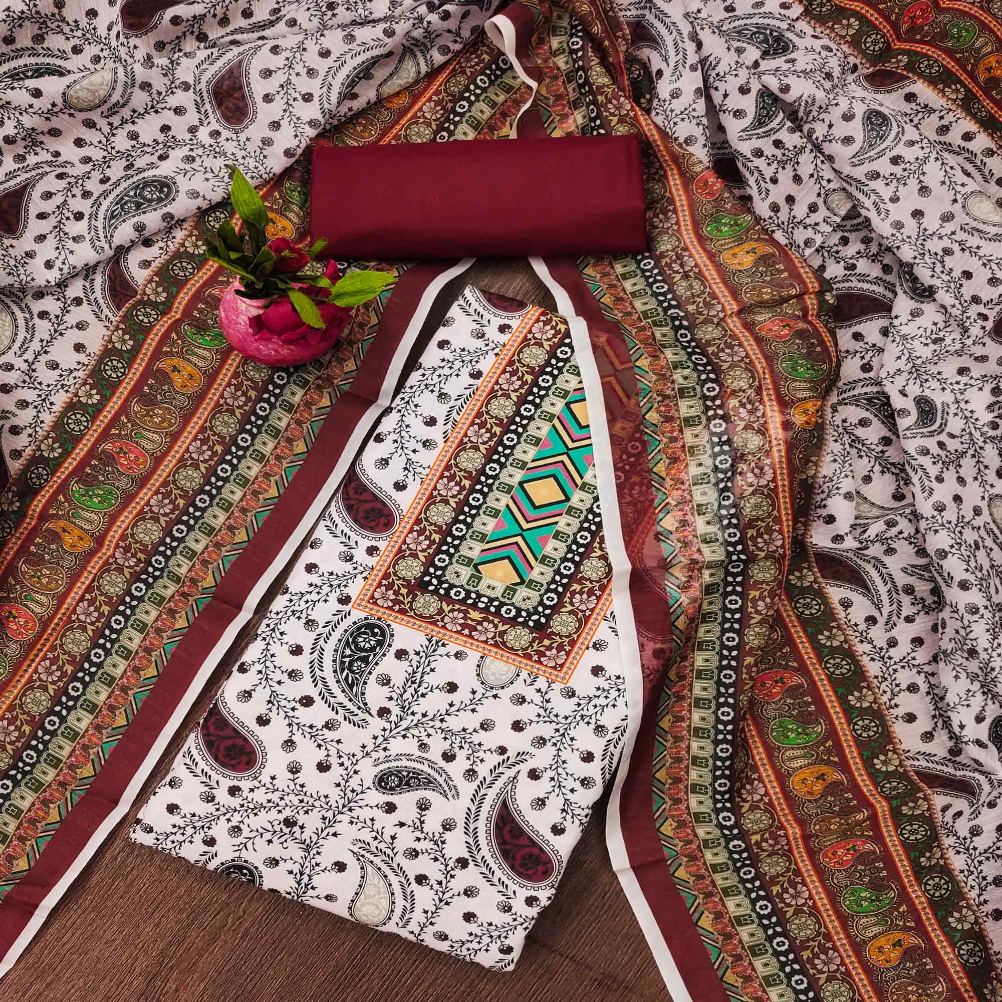 Maroon Floral Printed Cotton Blend Dress Material