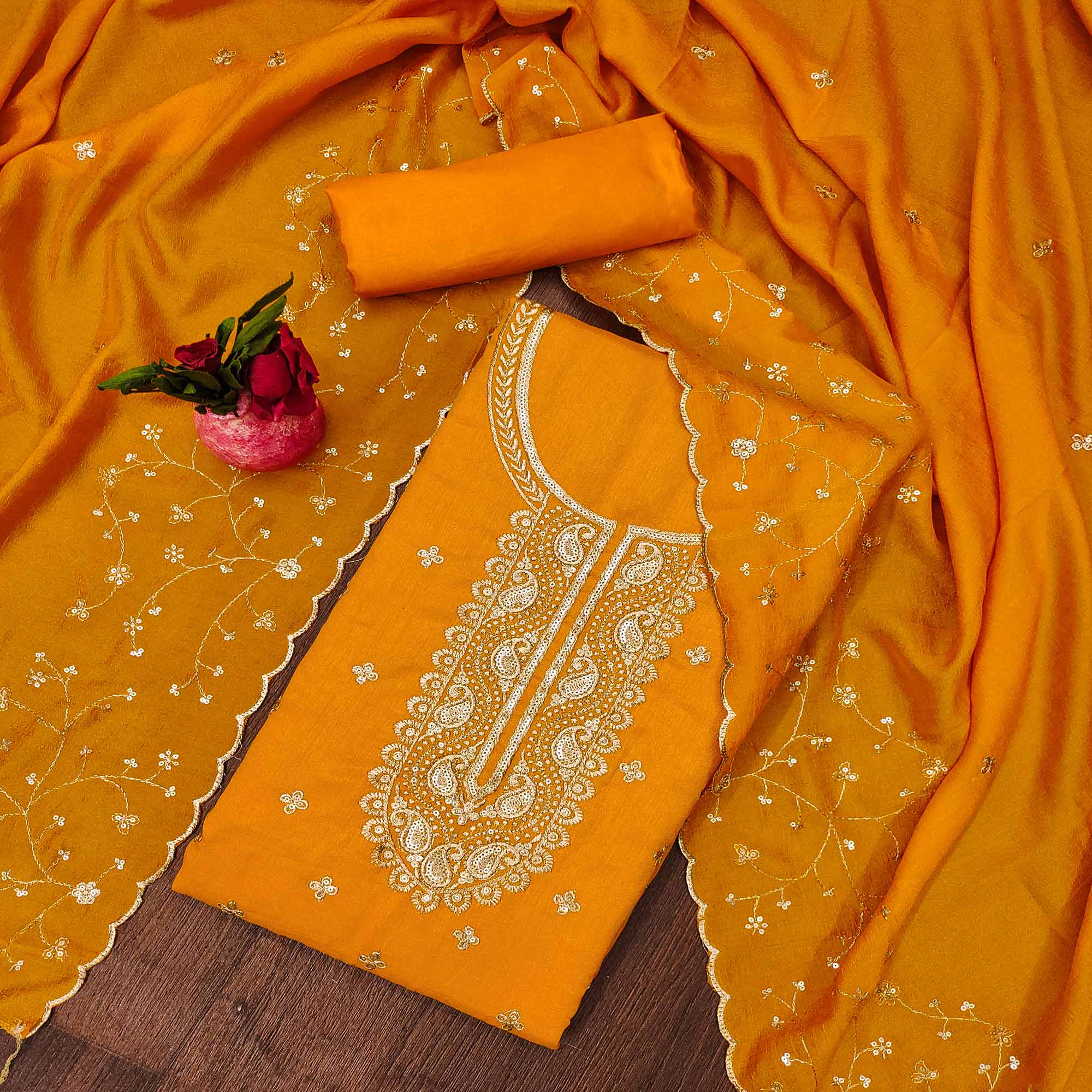Mustard Floral Embroidered Vichitra Silk Dress Material