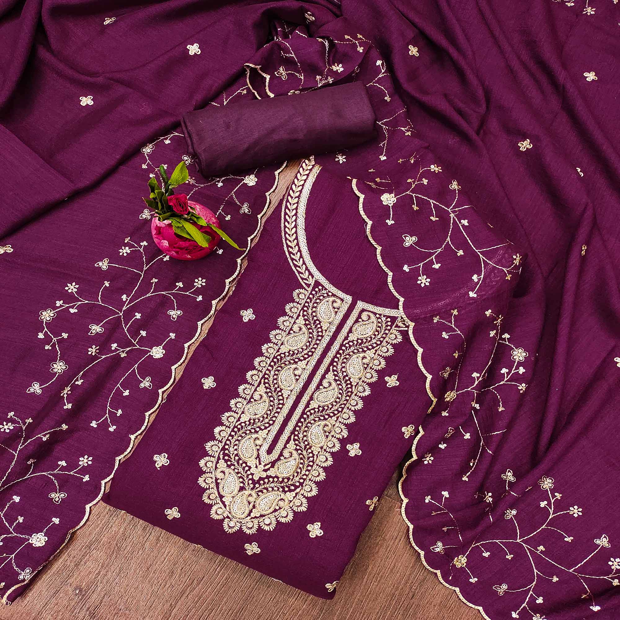 Purple Floral Embroidered Vichitra Silk Dress Material