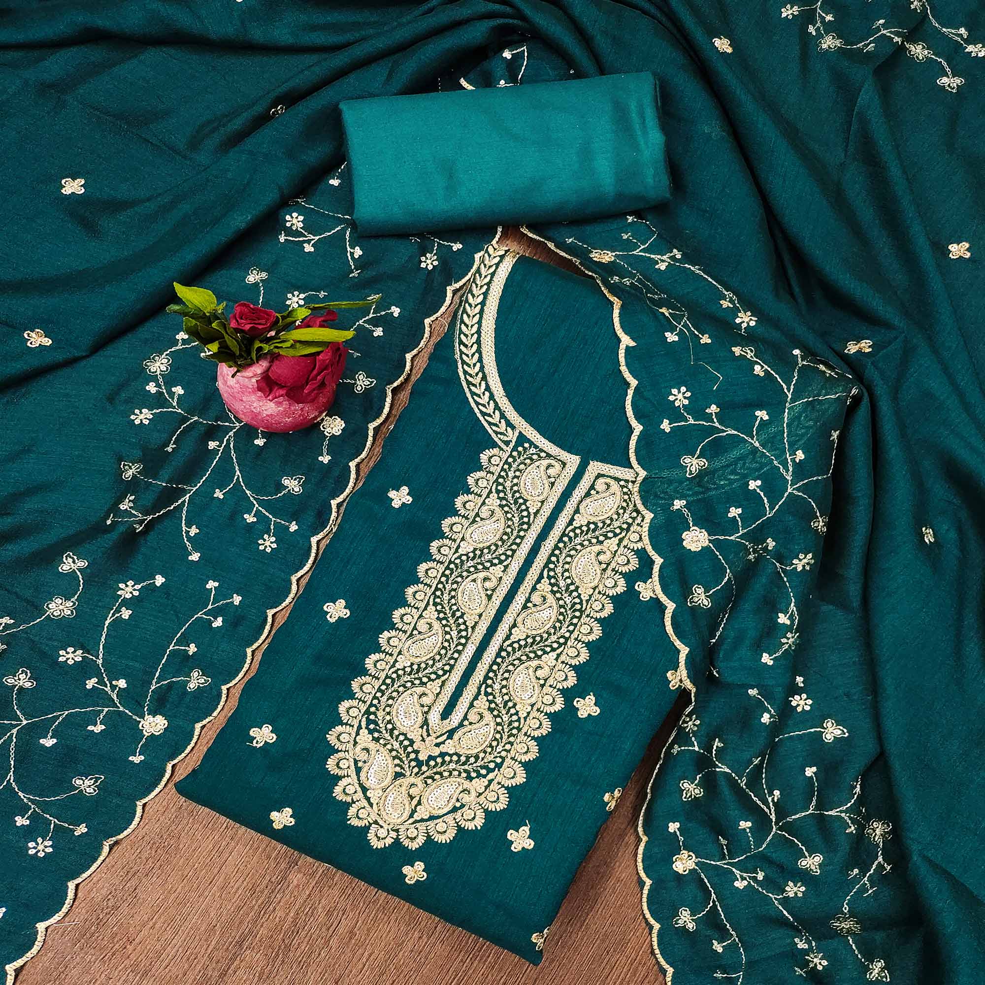 Teal Floral Embroidered Vichitra Silk Dress Material