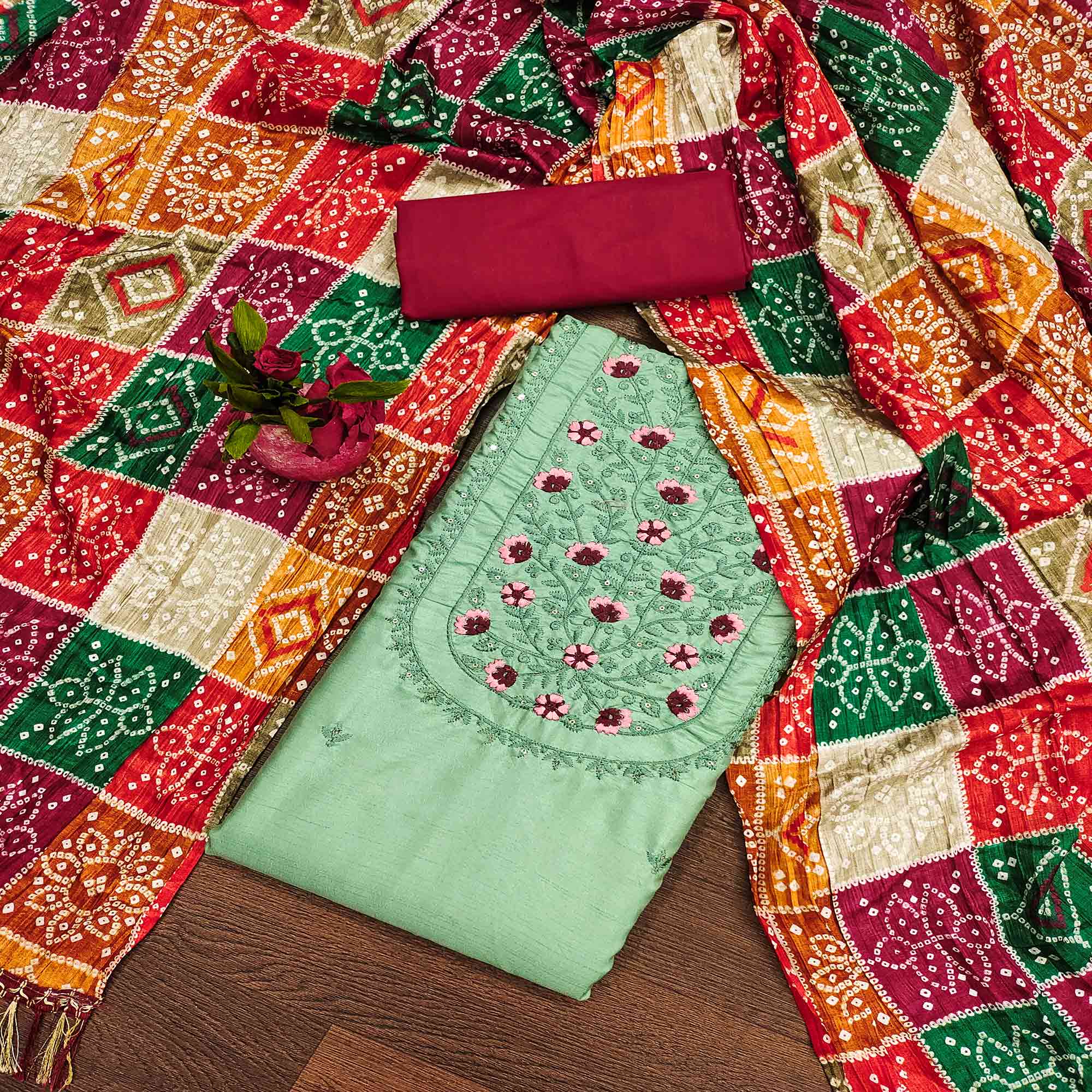 Green Floral Embroidered Cotton Blend Dress Material