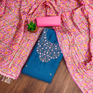 Blue Floral Sequins Embroidered Cotton Blend Dress Material