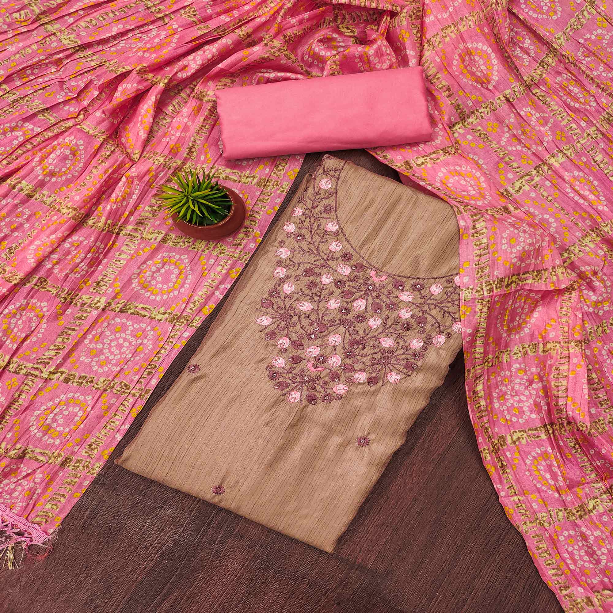 Chikoo Floral Sequins Embroidered Cotton Blend Dress Material