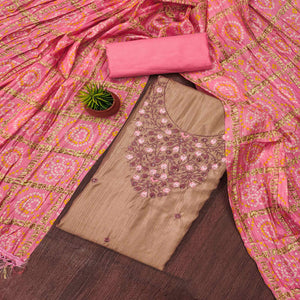 Chikoo Floral Sequins Embroidered Cotton Blend Dress Material