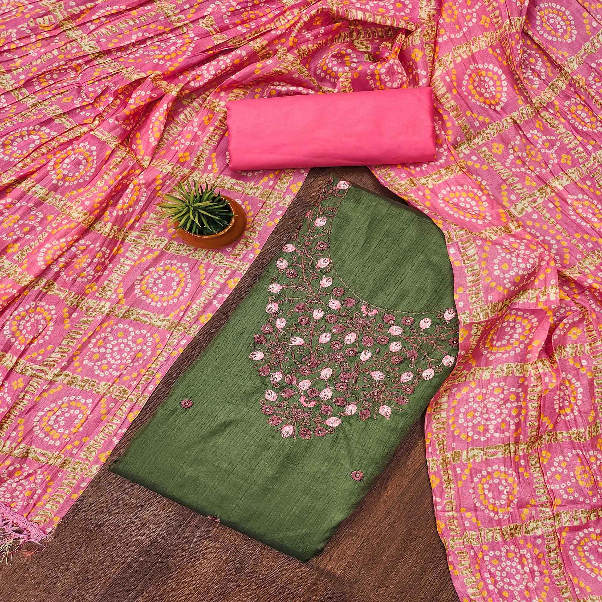 Mehendi Green Floral Sequins Embroidered Cotton Blend Dress Material