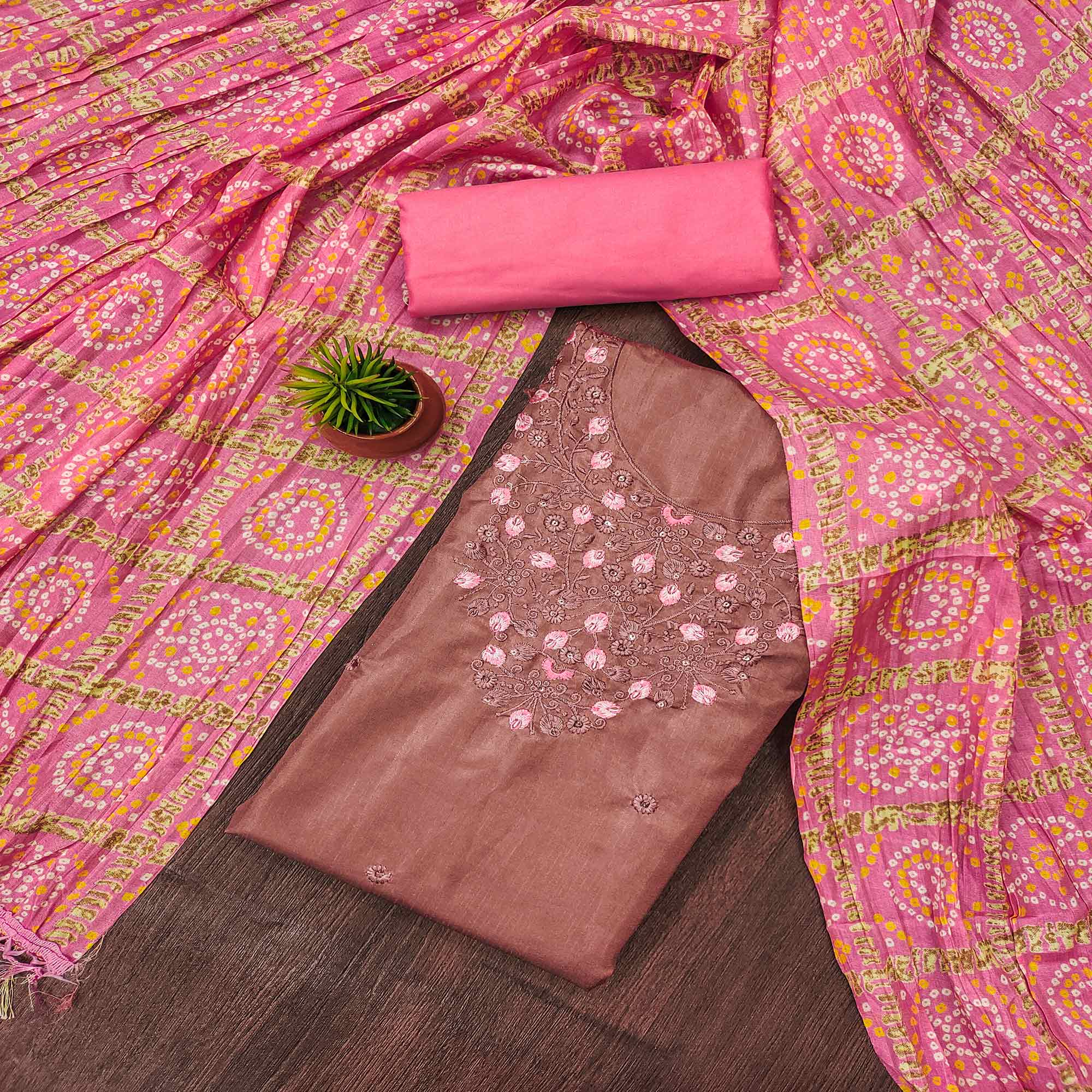 Rust Floral Sequins Embroidered Cotton Blend Dress Material