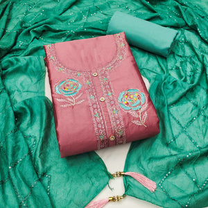 Peach Pure Cotton Dress Material Adorned With Floral Embroidery & Sparkling Swarovski