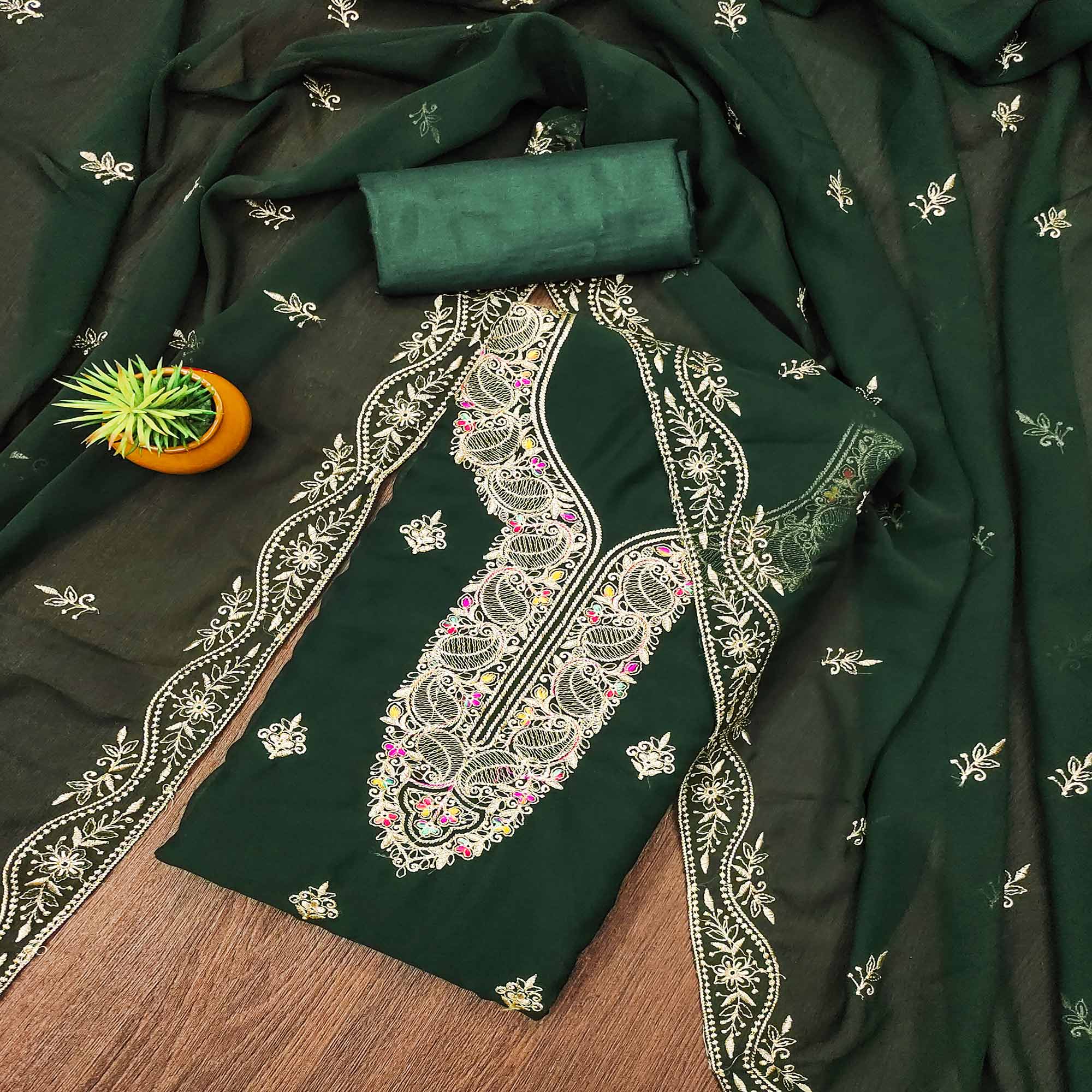 Green Floral Embroidered Georgette Dress Material